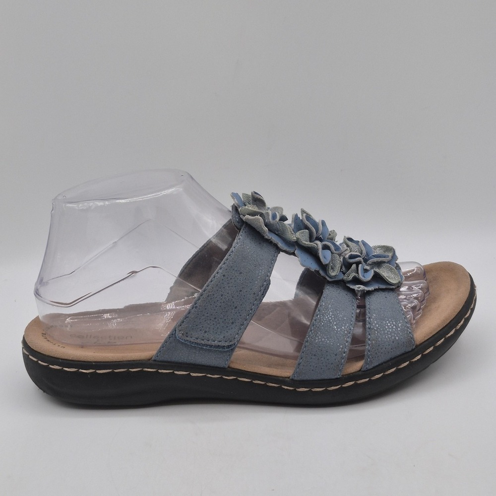Clarks Collection Sandals Womens Size 7 Blue Suede Slide Flower Wedge Comfort - Picture 5 of 12